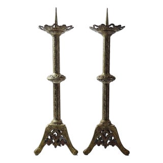 Large Antique Gothic Gilt Bronze Candlesticks, 19th Century, Set of 2 For Sale
