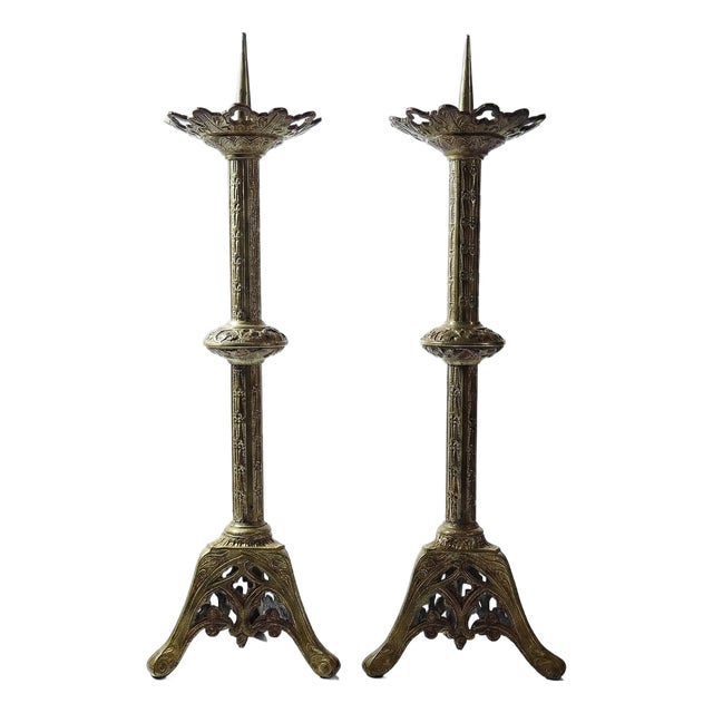 Large Antique Gothic Gilt Bronze Candlesticks, 19th Century, Set of 2 For Sale