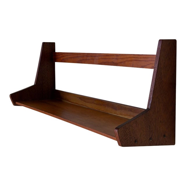 Vintage Danish Teak Wall-Mounted Shelf With Sculptural Side Supports – Mid-Century Modern Scandinavian Floating Bookshelf For Sale