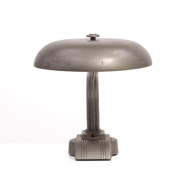 Metal Art Specialty Co Flexo Banker Desk Lamp Flying Saucer Shade Fluorescent Bulb Art Deco Industrial Dazor For Sale - Image 7 of 16