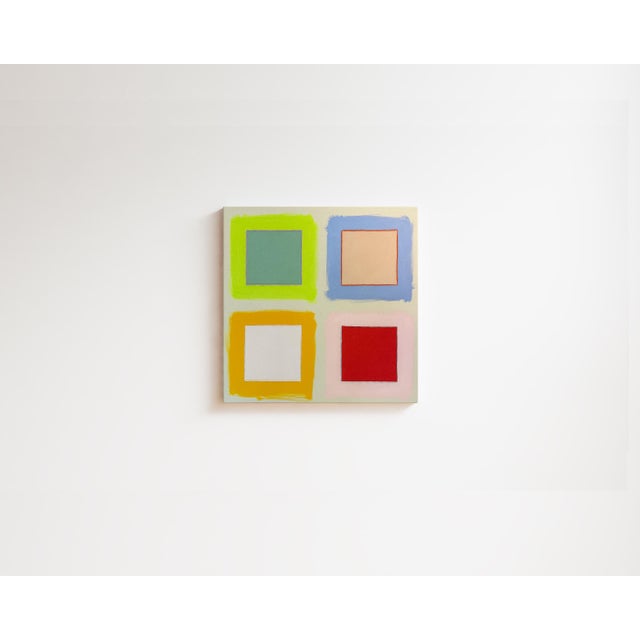 Original Painting | Multicolor, Green, Blue and Pink Sqaures Abstract Painting, 20 X 20 In. For Sale - Image 4 of 4