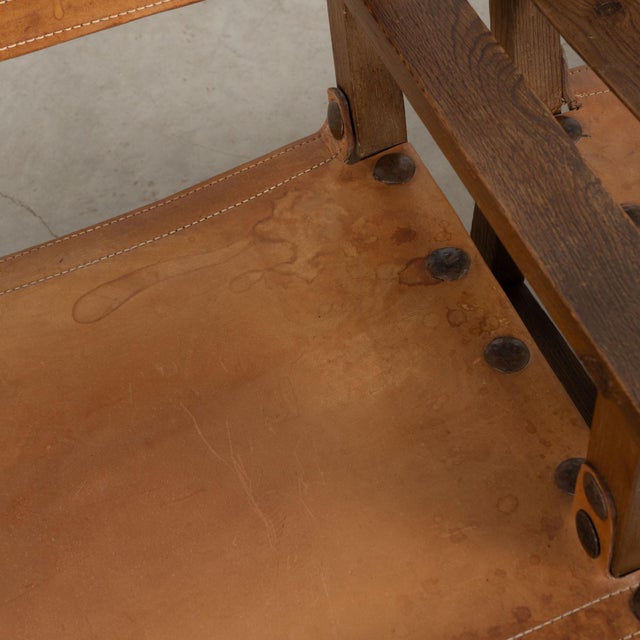 Pair of Mid-Century Spanish Brutalist Cognac Leather Arm Chairs For Sale - Image 13 of 17