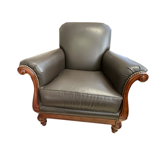 Set of 2 Leather and Wood Accent Chairs and Matching Ottoman Chairish