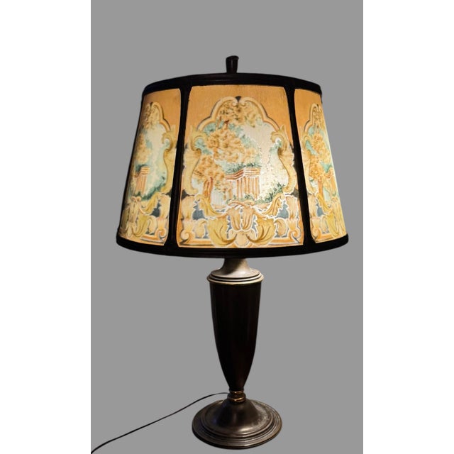 Arts & Crafts Early 20th Century Arts& Crafts Bradley & Hubbard Table Lamp Reverse Painted Ribbed 6 Panel Scenic Glass Shade For Sale - Image 3 of 12