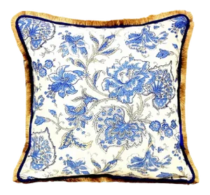 18th Century French Blue Floral Linen Fringe Pillow With Piping