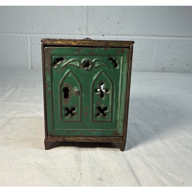 19th Century Antique 1800's Cast Iron Green Church Window Still Coin Dime Bank Toy Safe For Sale - Image 5 of 9