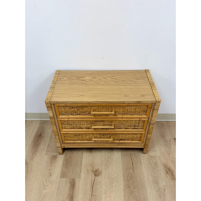 Mid 20th Century Vintage Chest Coastal Wicker Rattan Three Drawer Boho Hollywood Regency Dresser For Sale - Image 5 of 13