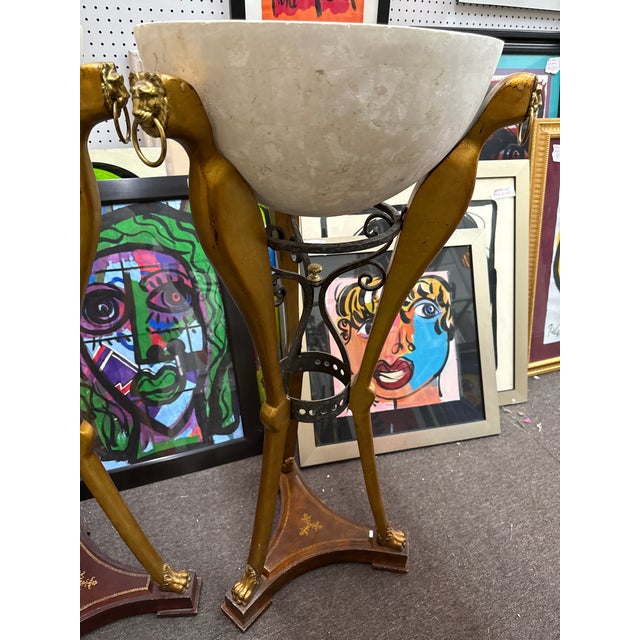 Italian 1970s Pair if Italian Gold Guild and Leather Lion Head Floor Planters For Sale - Image 3 of 8