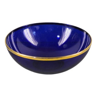 Vintage Cobalt Blue Gilded Rim Glass Serving Bowl For Sale