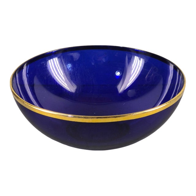 Vintage Cobalt Blue Gilded Rim Glass Serving Bowl For Sale
