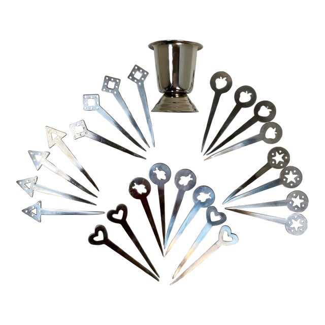 Set of 24 Chrome Over Brass Cocktail Olive Picks With Jigger Holder-Set of 25 For Sale