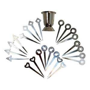 Set of 24 Chrome Over Brass Cocktail Olive Picks With Jigger Holder-Set of 25