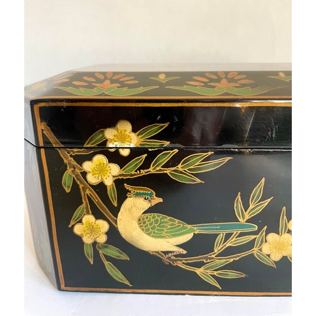 Vintage Chinoiserie Faceted Black Lacquer Bird and Blossom Jewel Box For Sale - Image 12 of 12
