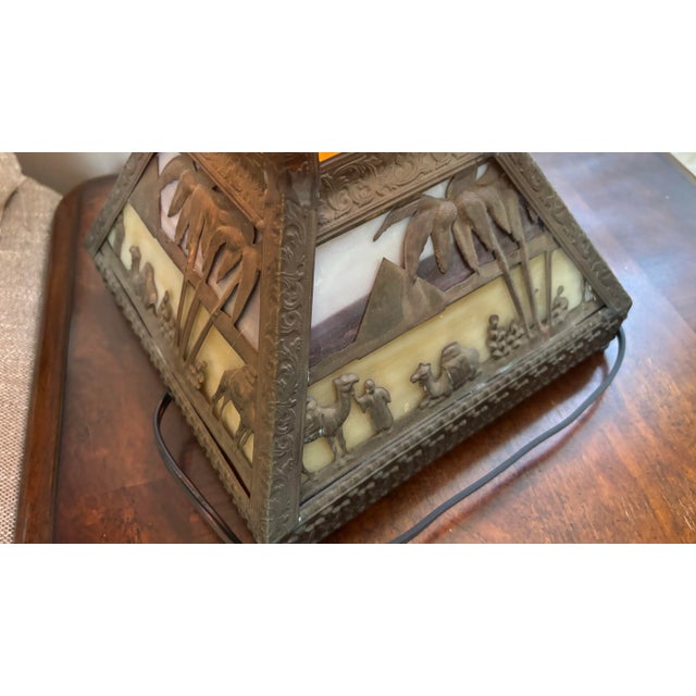 Beige 1920s Antique Meyda Arts & Craft Camel Mission Pyramid Egypt Slag Glass 3 Switch Lamp For Sale - Image 8 of 12