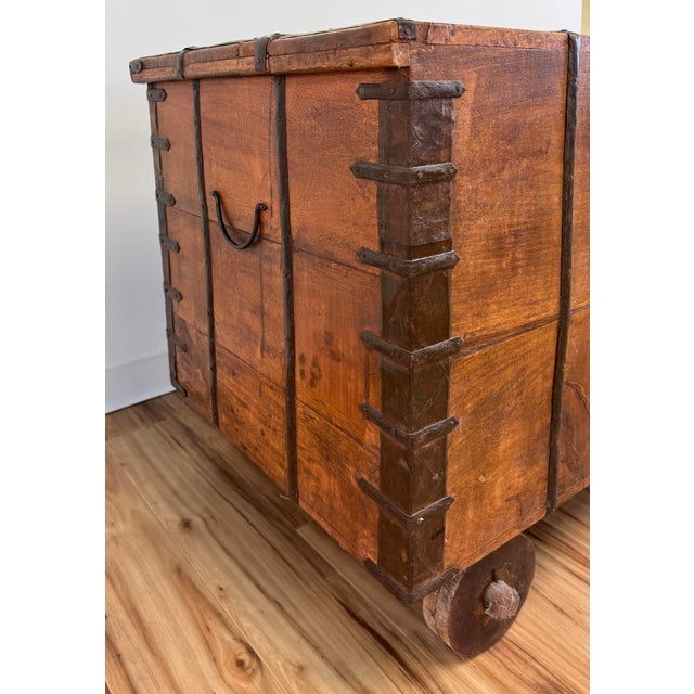 Wood Vintage Indian Carved Wood Dowry Trunk Wedding Trunk For Sale - Image 7 of 13