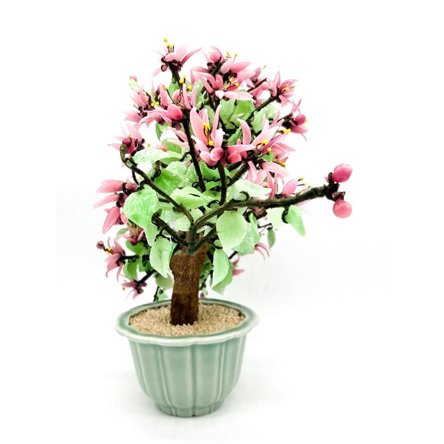 Oversized Handcrafted Glass Jade Blossom Bonsai Tree in Celadon Pot – Asian / Chinoiserie For Sale - Image 9 of 12