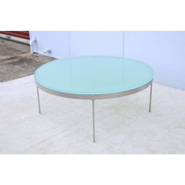 1970s Vintage Minimalist Nicos Zographos Round Glass and Stainless-Steel Coffee Table For Sale - Image 5 of 13