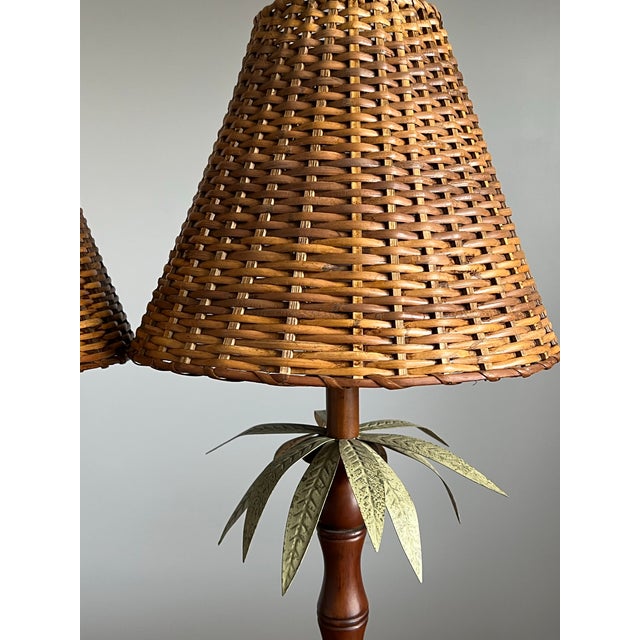 These are a beautiful pair of antique English mahogany lamps with metal palm fronds & wood bamboo style stems. Both have...