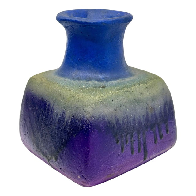 1960s Beautiful Blue Drip Glazed Fantoni Square Fantoni Vase For Sale