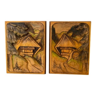 Vintage German Black Forest Wood Carved Cottage & Landscape Wall Art - Set of 2 For Sale