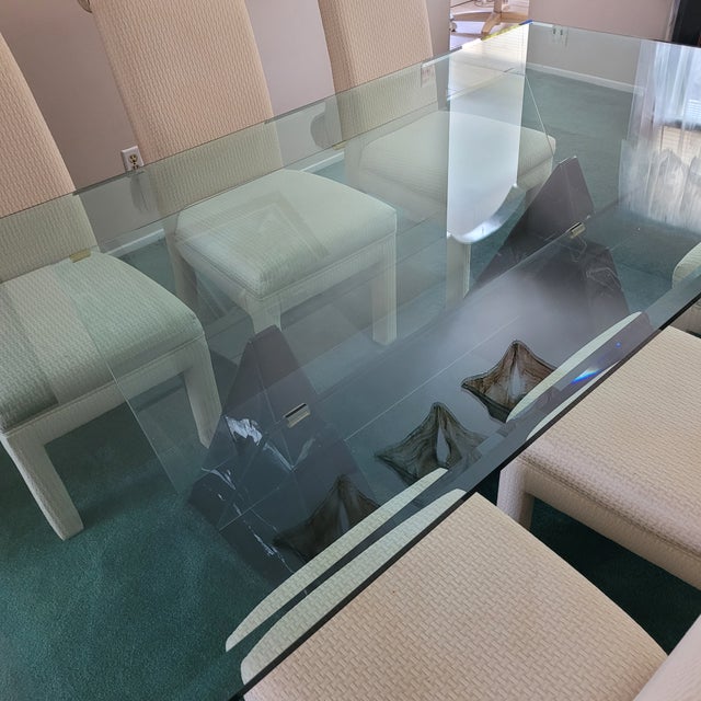Transparent 1980s Postmodern Glass Top Double Triangle Base Dining Table For Sale - Image 8 of 10