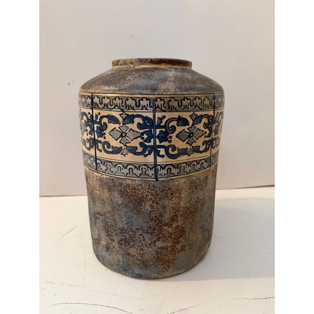 Rustic European Vintage Mediterranean Ceramic Vessel, Blue and White Decorative Band For Sale - Image 3 of 8
