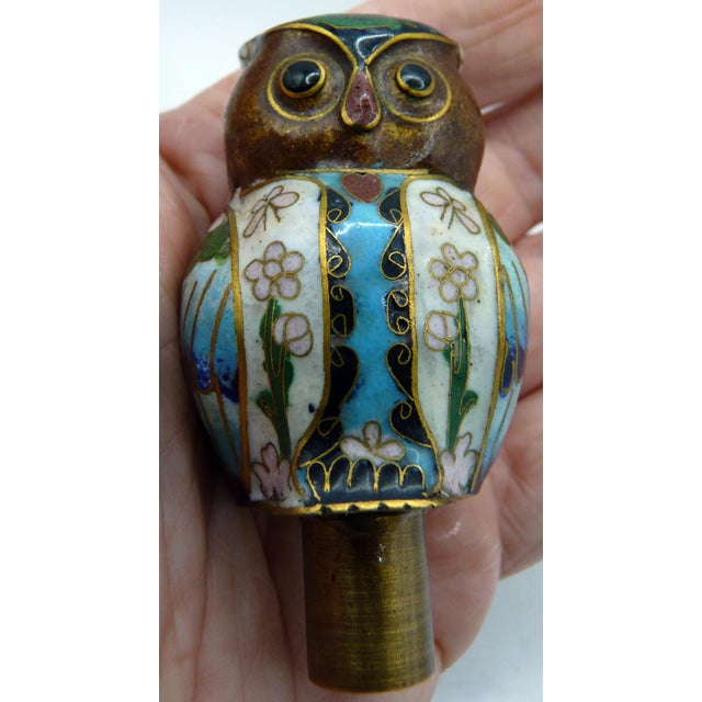 Vintage Brass Cloisonné Owl Lamp Finial For Sale - Image 4 of 6