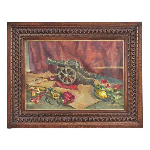 Puggioli, Antique Cannon, 1950s, Oil Painting For Sale