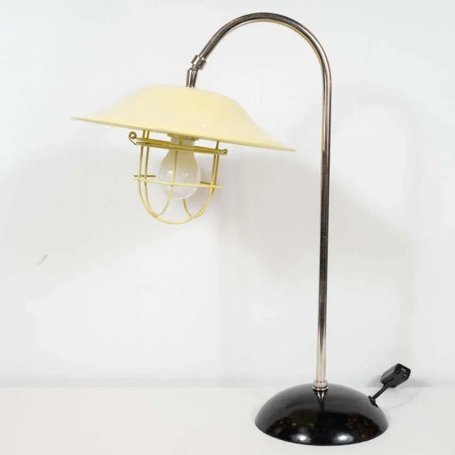 French Mid-Century Modern Chrome and Lemon Cream and Black Enamel Table Lamp For Sale - Image 11 of 12