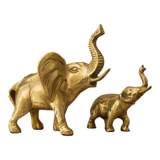Vintage Solid Brass Elephant Figurines Pair | Mid Century Decor | Hollywood Regency | Grand-Millennial Shelf Decor For Sale