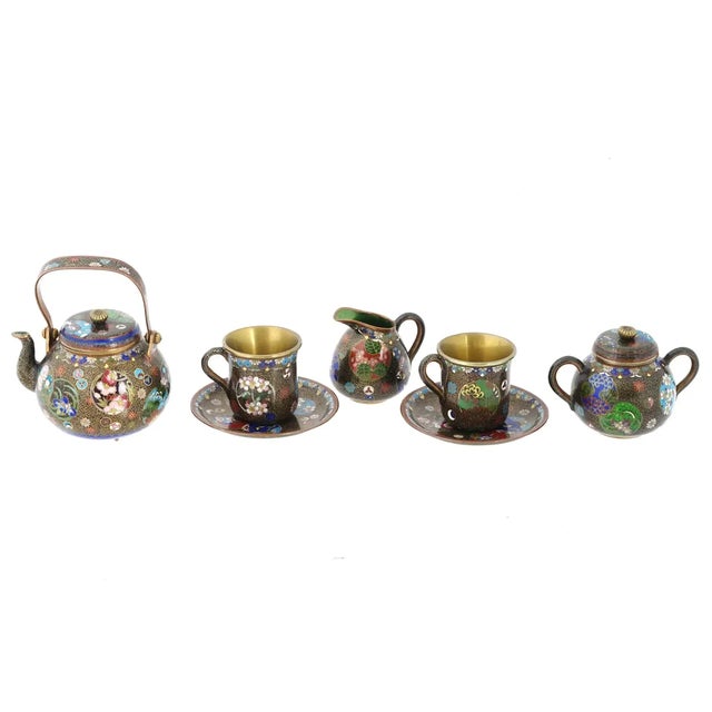 Antique Meiji Era Japan Cloisonne Enamel Tea Set- 7 Pieces For Sale - Image 4 of 8