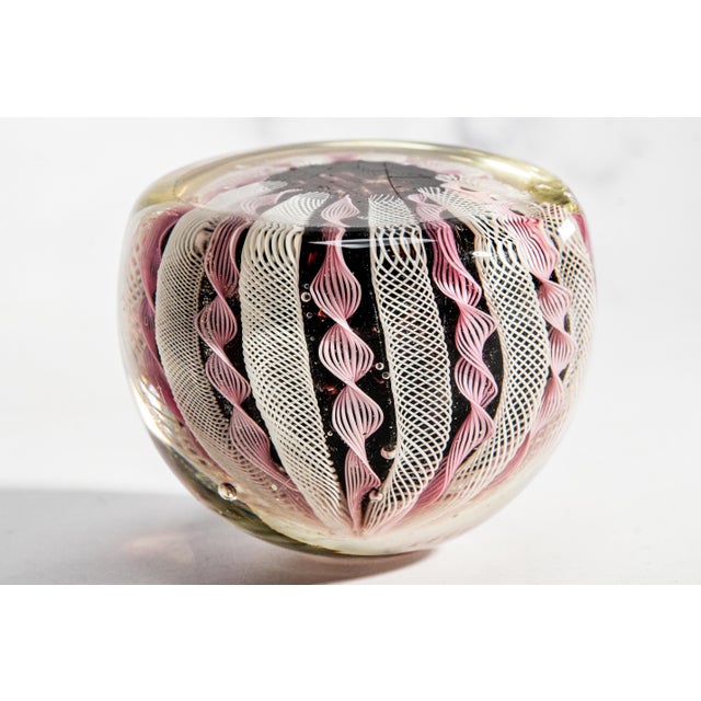 Glass Lovely Vintage Murano Italy Fratelli Toso Latticino Ribbon Glass Paperweight Pink White Blue Art Glass Home Decor For Sale - Image 7 of 9