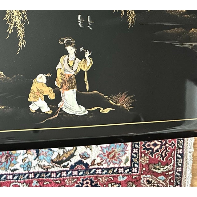 Black Lacquer Hand Painted Chinoiserie Large Chest Trunk For Sale - Image 4 of 12