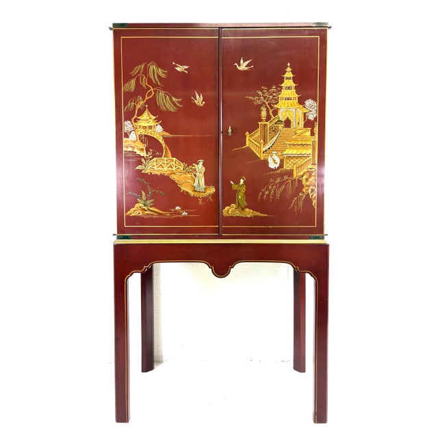 Mid-Century Vintage Hand Painted Cinnabar Chinoiserie Cabinet For Sale In Philadelphia - Image 6 of 12