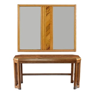 Oak Wall Mirror and Console Table Set With Parquet Top and Gold Trim For Sale