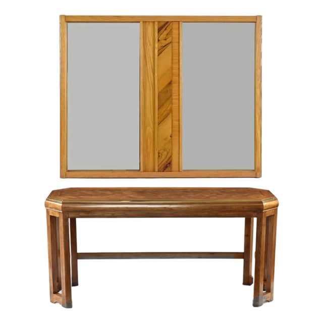 Oak Wall Mirror and Console Table Set With Parquet Top and Gold Trim For Sale