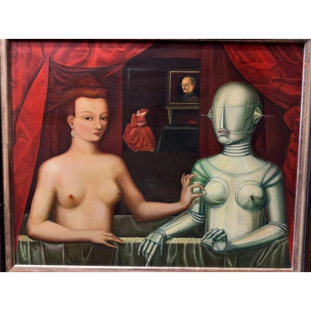 1990s Surrealist Artist, Nude, Figurative Composition, Oil Painting on Wood For Sale - Image 5 of 13