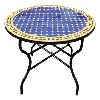 40" Handcrafted Cobalt Blue and Yellow Moroccan Mosaic Table For Sale