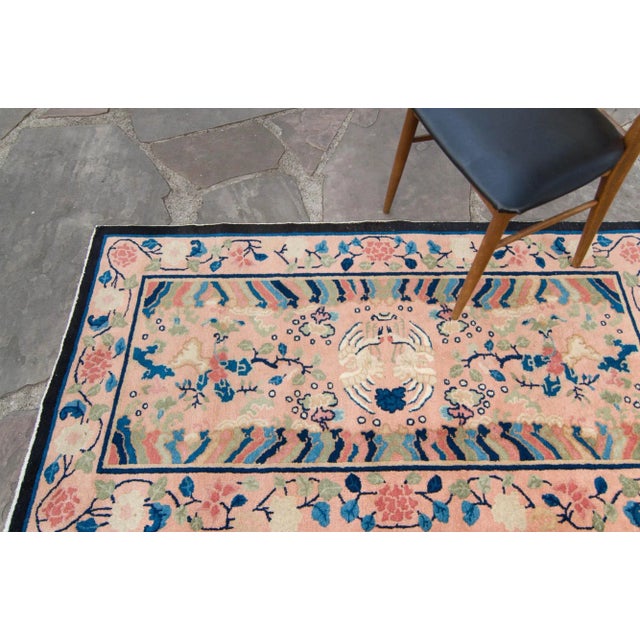 1910s 1910s Antique Chinese Botanical Figural Design Navy Blush Hand Knotted Pile Rug - 3’2” X 5’9” For Sale - Image 5 of 10