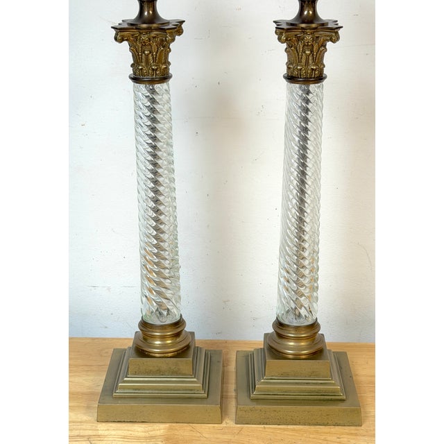 Early 20th Century Baccarat Attributed Gilt Bronze and Spiral Crystal Corinthian Column Lamps - a Pair For Sale - Image 9 of 13