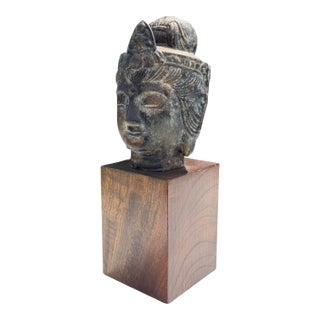 Vintage Asian Bronze Buddha Head on Wood Pedestal For Sale