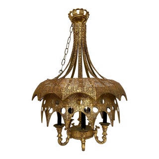 1940s Vintage Moroccan Pierced Gilt Brass Chandelier For Sale