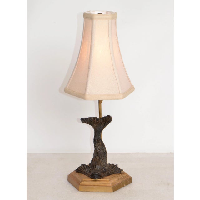 Bronze Neoclassical Sea Serpent Koi Fish Table Lamp Fabric Shade Octagonal Base For Sale - Image 13 of 13