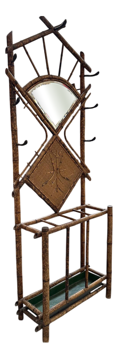 Bamboo and Rattan Hallway Coat Rack, Early 20th Century