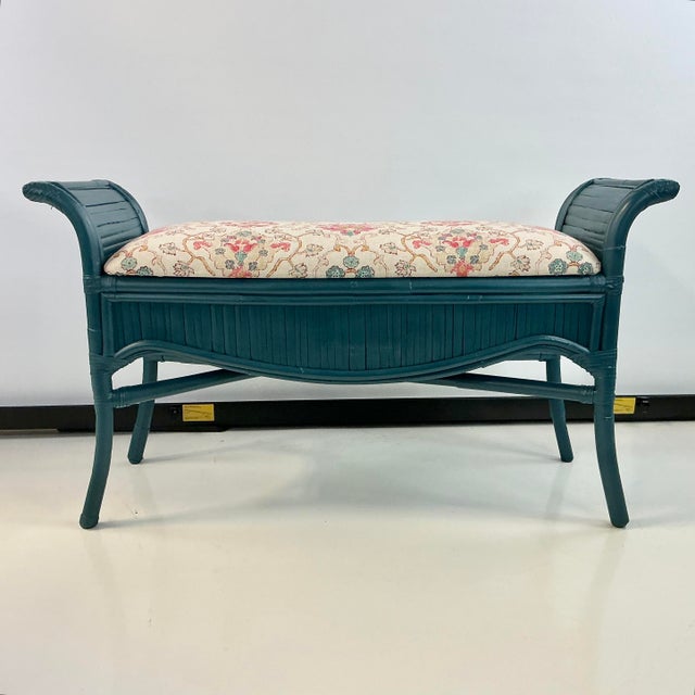 Boho Chic Mid-Century Boho Chic Coastal Bamboo Bench - Newly Upholstered in Ikat Linen For Sale - Image 3 of 18