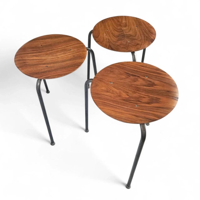 Arne Jacobsen “Dot” Stools — First‑Run 1950s Teak + Steel — Set of 3 by Fritz Hansen For Sale - Image 13 of 18