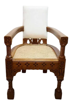 Anglo Indian Minerva Furniture Works Eastlake Caned Inlaid Teak Upholstered Armchair