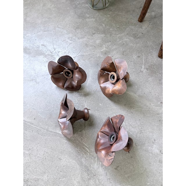 Brown Wooden Flower Wall Sconces, 1970s, Set of 4 For Sale - Image 8 of 18
