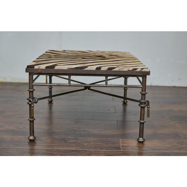 Eclectic Midcentury Zebra Hide Top Metal Coffee Table with Petite Gilt Tassels For Sale - Image 11 of 12