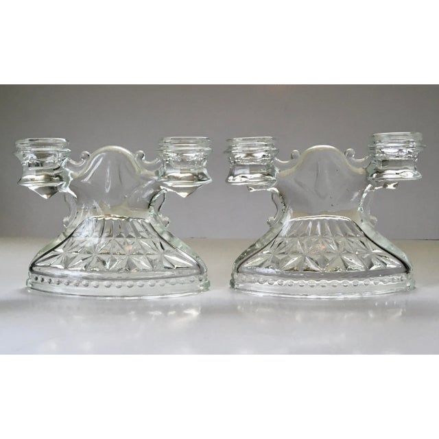 1930s Art Deco Pressed Glass Double Candlestick Holders- A Pair For Sale - Image 11 of 11